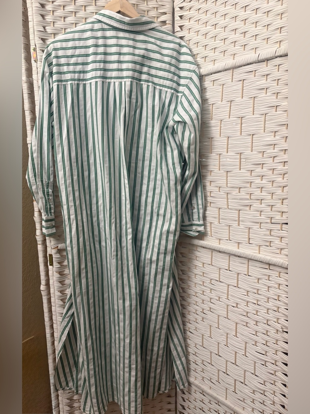 Striped Button-Front Tie-Waist Maxi Shirt Dress - Green/White Sz M - Picture 3 of 5